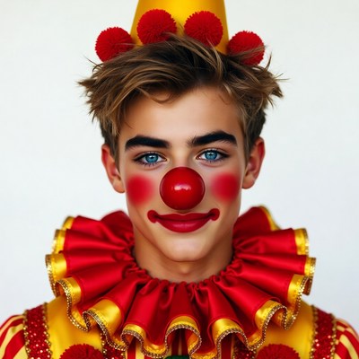 Young male clown with red nose