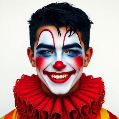 Young man in clown makeup smiling