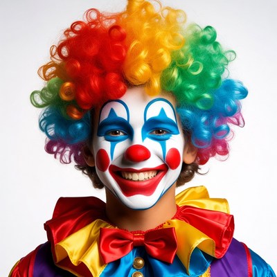 Clown with multicolored curly wig smiling