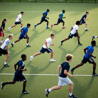 Group of boys running on soccer field
