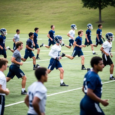 Football team running drills on field
