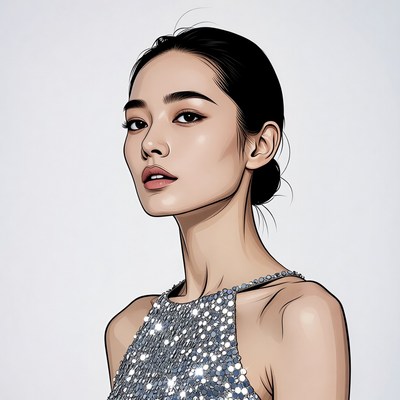 Asian woman in sparkling dress