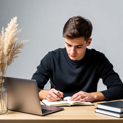 Young man writing in notebook