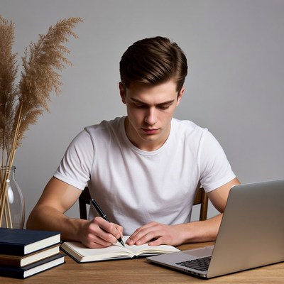 Young man writing in notebook at desk