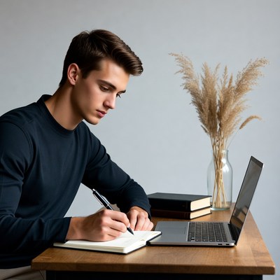 Young man writing in notebook
