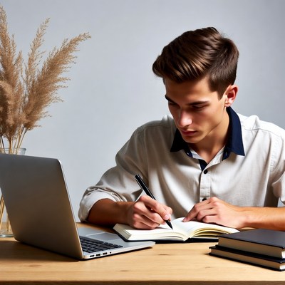 Young man writing in notebook at desk