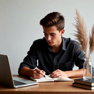 Young man writing in notebook