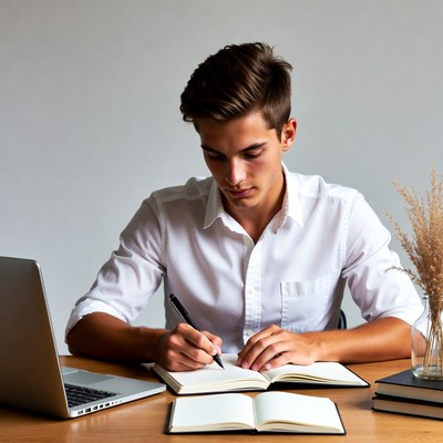 Young man writing in notebook