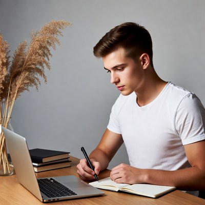 Young man writing at desk