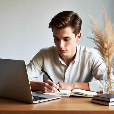 Young man writing on laptop