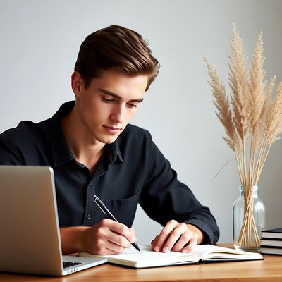 Young man writing in notebook