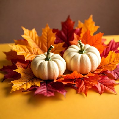 Two White Pumpkins with Fall Leaves