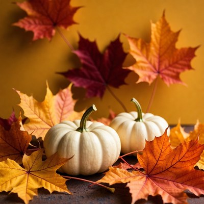 White Pumpkins with Autumn Leaves