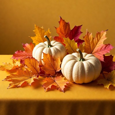 Two White Pumpkins with Autumn Leaves