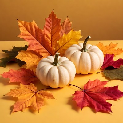 Two White Pumpkins with Autumn Leaves