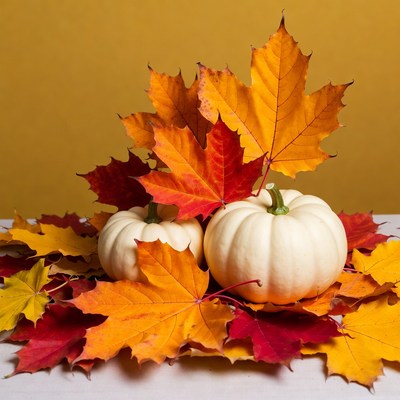 White Pumpkins with Autumn Leaves