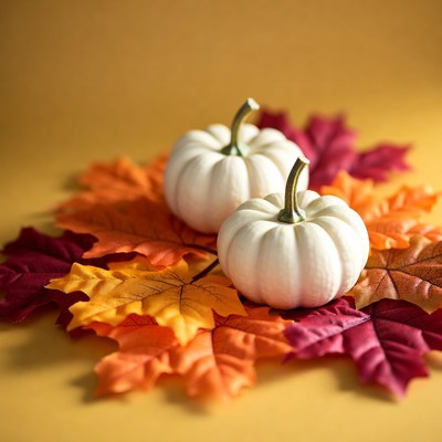White Pumpkins on Autumn Leaves