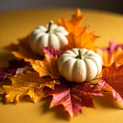 White Pumpkins with Autumn Leaves