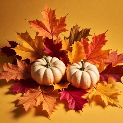 Two Pumpkins Surrounded by Autumn Leaves