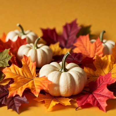 White Pumpkins with Autumn Leaves