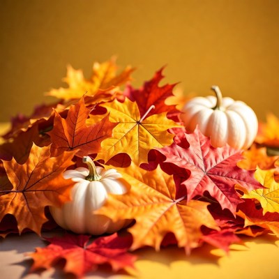 White Pumpkins in Autumn Leaves