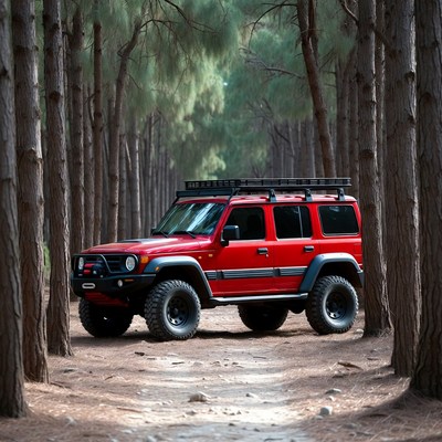 Red SUV parked in pine forest