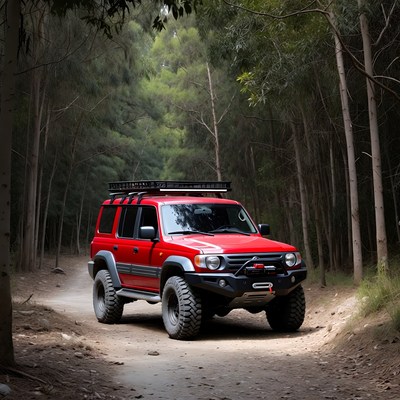 Red off-road SUV in forest trail