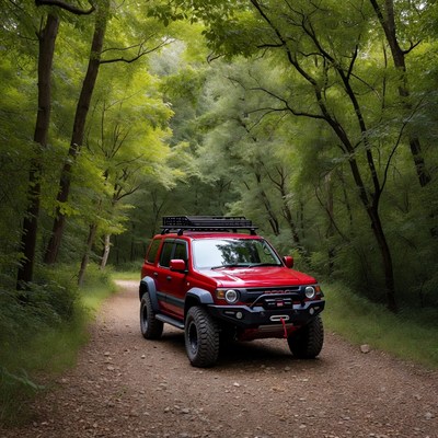 Red off-road SUV on forest trail