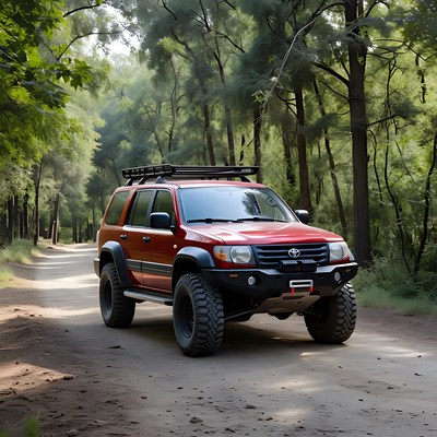 Red Toyota Land Cruiser in Forest Trail