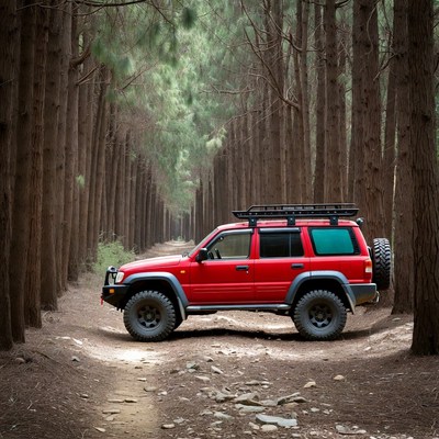 Red SUV Parked in Pine Forest