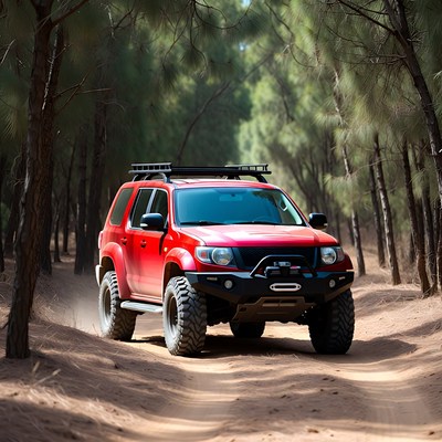 Red Nissan Xterra Offroading in Forest