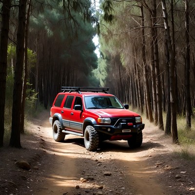 Red Ford SUV on forest trail