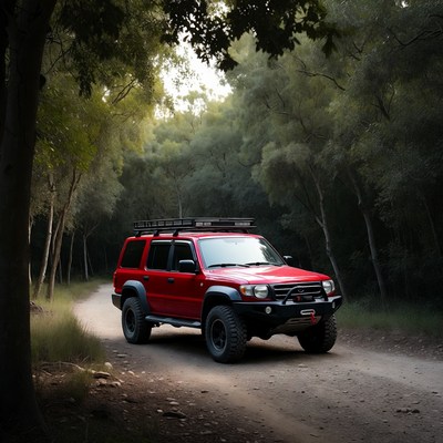 Red SUV on Forest Dirt Road