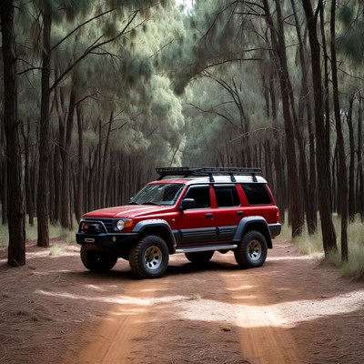 Red SUV on forest dirt road