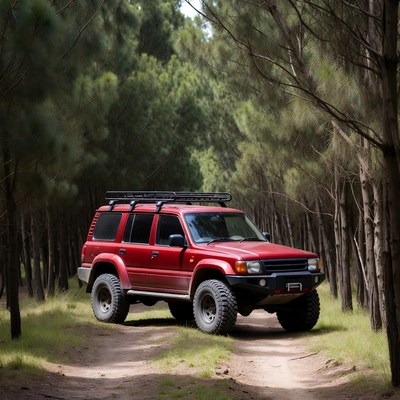 Red Nissan Patrol in Pine Forest