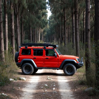 Red Jeep parked in pine forest trail