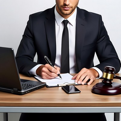 Man writing at desk with gavel