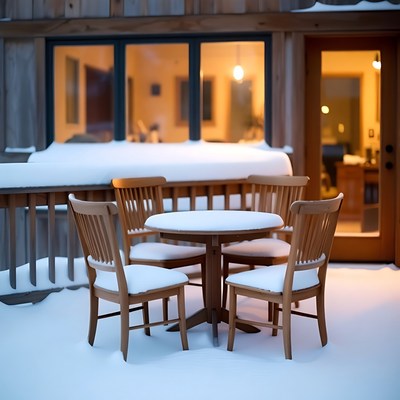 Snowy Wooden Table and Chairs on Deck