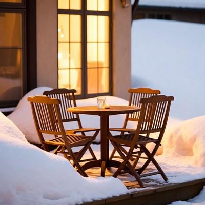 Wooden table with chairs in snowy patio