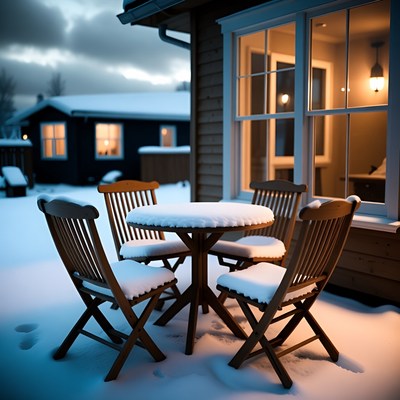 Snowy Wooden Table Chairs Outside Cabin