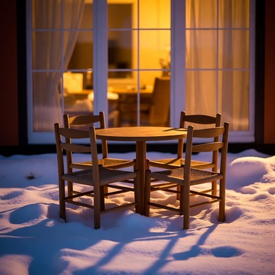 Wooden table and chairs in snow outside window