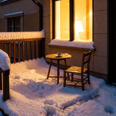 Snowy Balcony Table with Coffee Cup