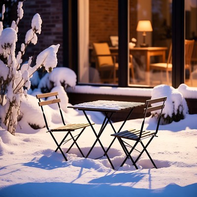 Snowy Wooden Chairs and Table Outdoors