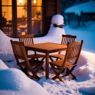 Wooden table and chairs in snow