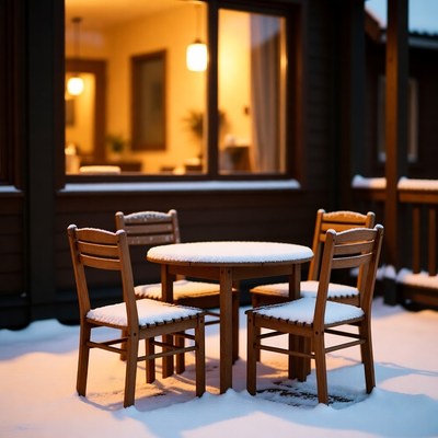 Snowy Wooden Table and Chairs Outside Cabin