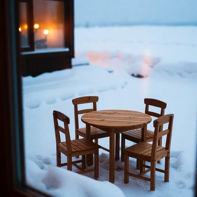 Miniature wooden table and chairs in snow
