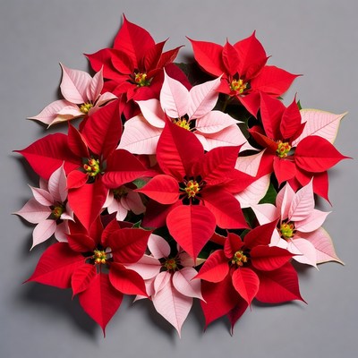 Red and Pink Poinsettias on Gray Background