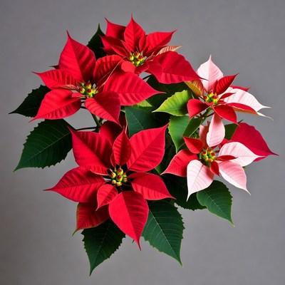 Red and Pink Poinsettias on Gray Background