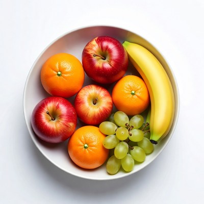 White bowl of apples oranges banana grapes