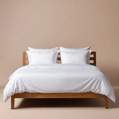 Wooden bed with white bedding
